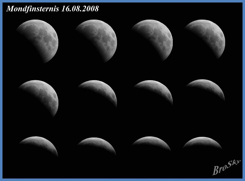Mondfinsternis_160808_02.jpg -    Mondfinsternis am 16. August 2008    Aufnahmeort: Bollensen Aufnahmedatum: 16.08.2008 Belichtung: Mosaik aus Bildern mit 1/100 bis 1/30 sec Optik: Vixen ED81S Kamera: Canon 300D 