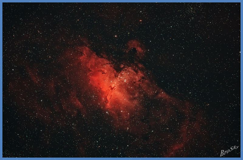 M16_010910.jpg -    Objekt: IC4703 - Adlernebel mit Sternhaufen M16    Sternbild: Serpens Caput - Schlange Aufnahmeort: Senden Aufnahmedatum: 01.09.2010 Belichtung: 16 x 300 sec Optik: Takahashi 120 mm TSA mit 2,5'' TS-Flattener Kamera: Canon 400D Astro mit Lumicon Deep Sky Filter 